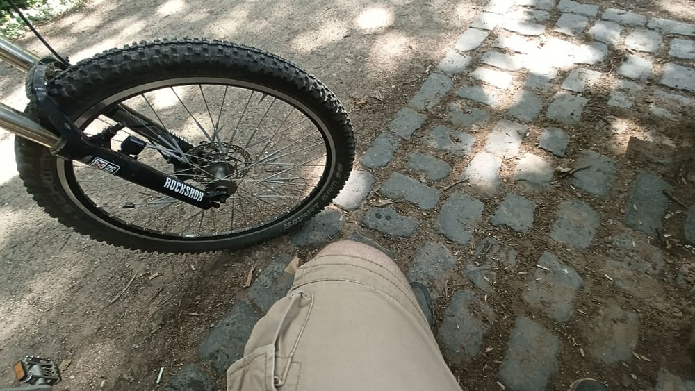 Links oben im Bild ist ein Reifen an einer Federgabel zu sehen.
Unten mittig lukt ein sexy Männerknie aus einer kurzen Cargohose hervor.