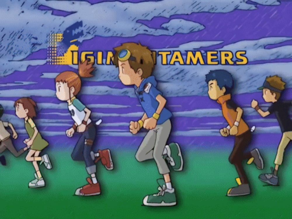 a cartoon of a group of kids running with the words " digimon tamers " on the bottom