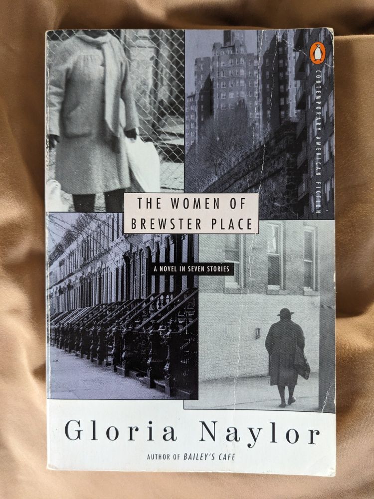 The book 'The Women of Brewster Place' by Gloria Naylor is set on a bronze color fabric. 