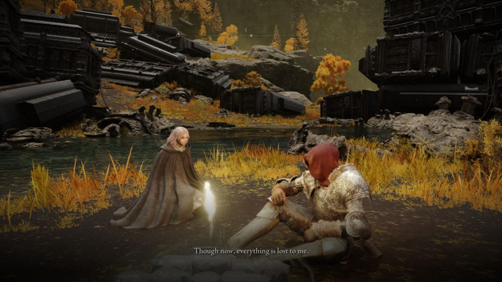 Elden Ring character and Melina talking in front of many ruined horse carriages