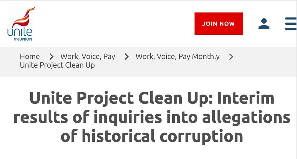 Screenshot of page from Unite the Union website with headline "Unite Project Clean Up: Interim results of inquiries into allegations of historical corruption"