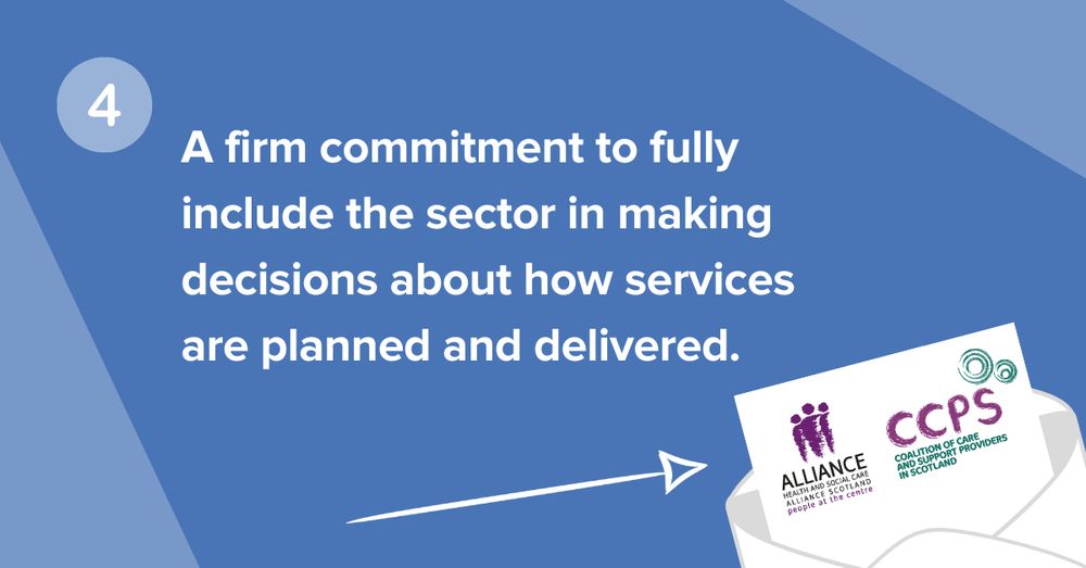 On a blue background, the number 4 is displayed, with text reading: "A firm commitment to fully include the sector in making decisions about how services are planned and delivered." Below is an open envelope displaying the logos of CCPS and the Alliance. 