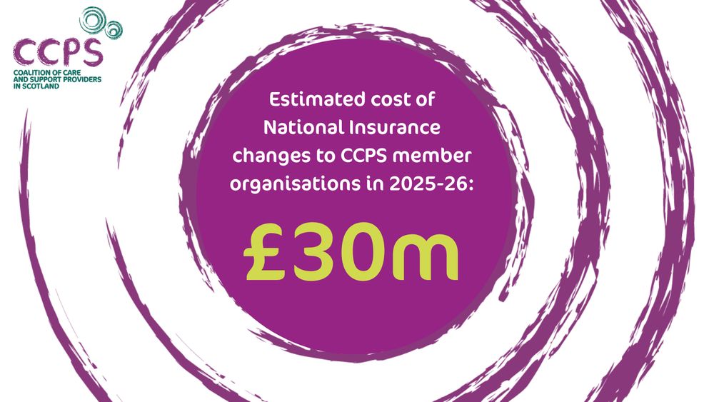 A series of concentric purple circles, in an illustrated style, on a white background. In the centre is a filled-in purple circle featuring white text which reads ‘Estimated cost of National Insurance changes to CCPS member organisations in 2025-26: £30m’, with the £30m figure highlighted in green. The CCPS logo is at the top left of the image.