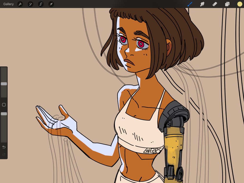 WIP of Zal from Last Ship to Mars, staring blankly, holding sketched wires 