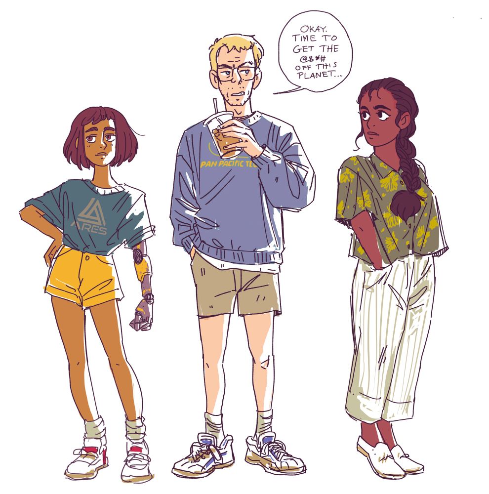 Digital drawing of three characters standing in summer clothes