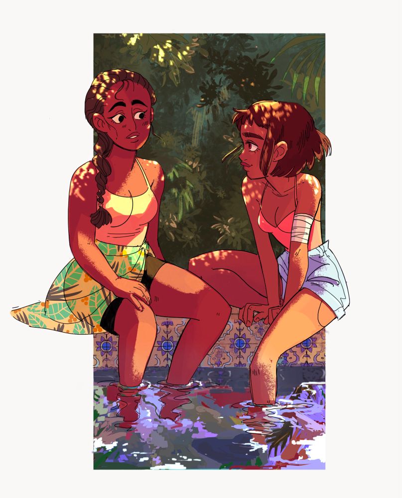 Illustration in color of two women sitting at the edge of a pool of water, their feet dangling in. The two are looking fondly at each other.