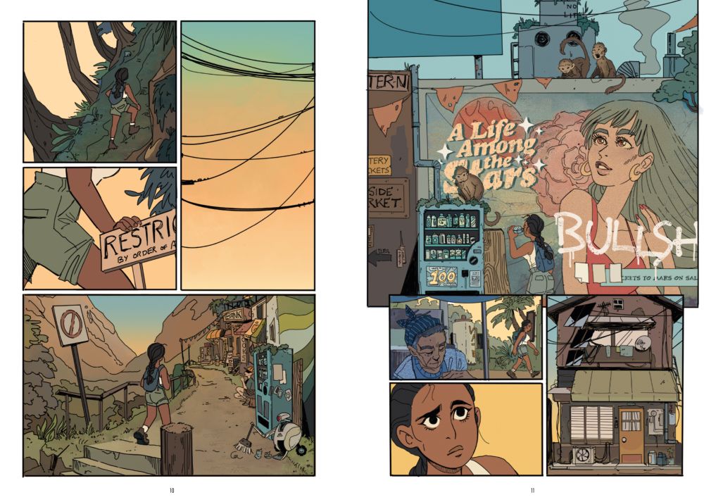 Two page colored comic spread of a woman walking up through a steep forested hill and into a run down looking town area. The colors are warm and the sun is going down. The woman stops to get a drink from a vending machine near a small robot in front of a mural depicting a woman looking up to the sky. It says "A life among the stars" with the word "bullshit" graffitied across the bottom. She continues on to another rough shod residential building, looking up at it.
Final Color by Emma Glaze