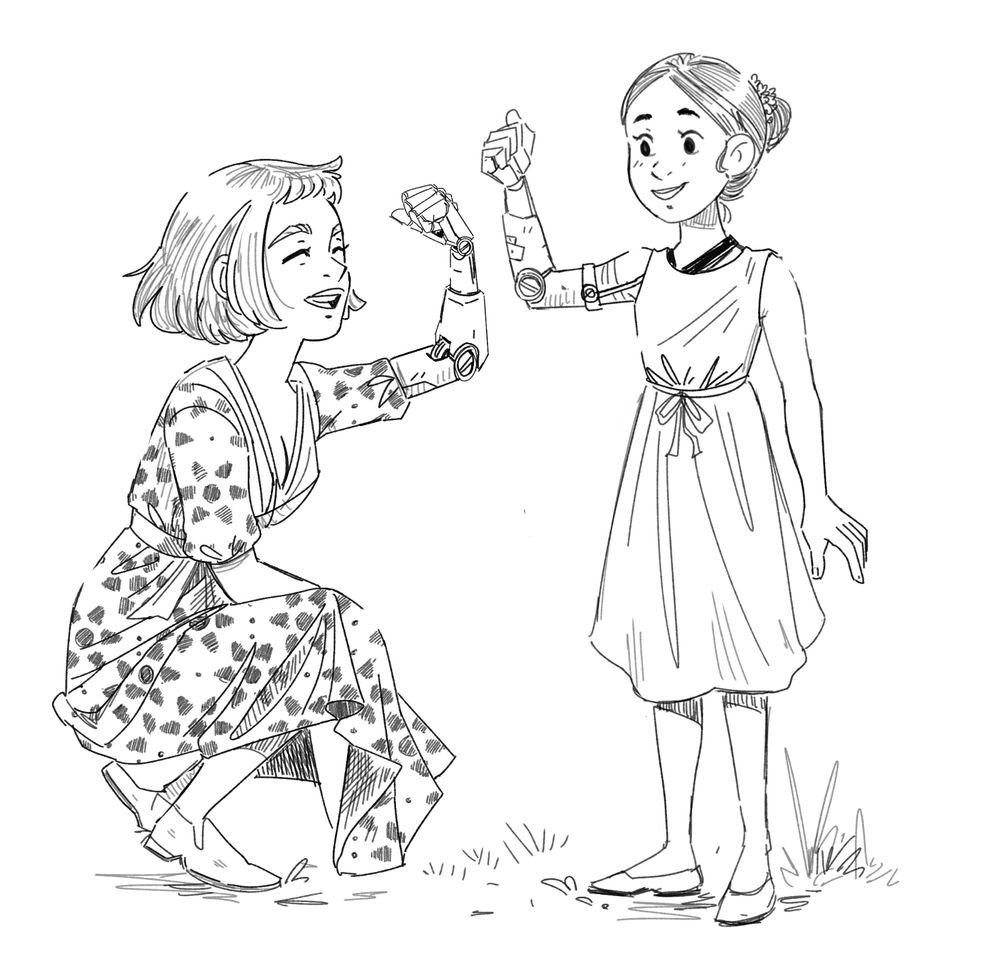 Digital sketch of Zal, an android that appears as a young woman in a summery dress, crouched down and holding up her left arm which is visibly robotic. A young girl stands next to her, comparing her own cybernetic prosthetic right arm and smiling