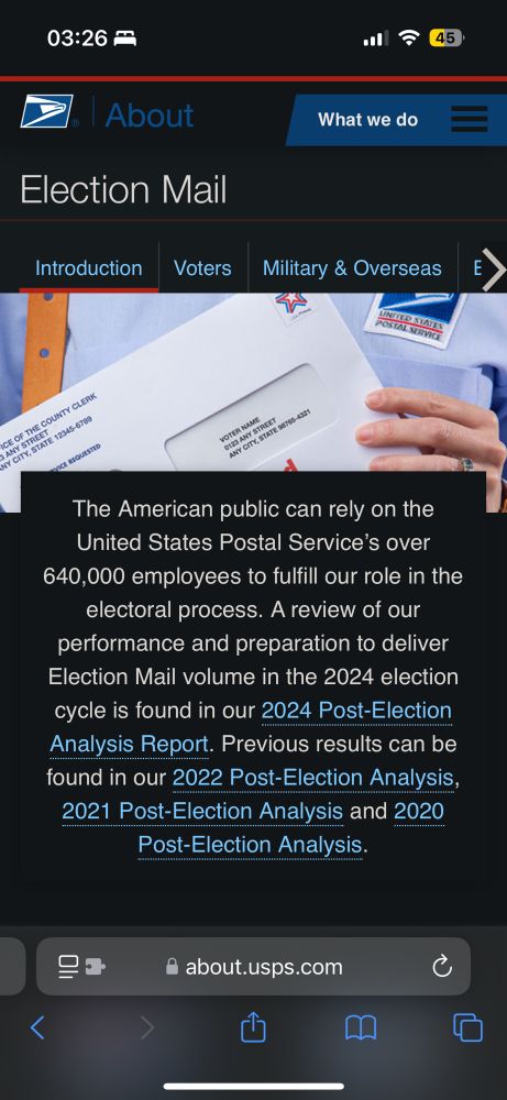 Screenshot of a USPS webpage, when clicking on their embedded url, from the Google search query “what agency handles the transport of mail in ballots”