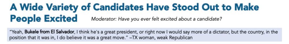 "A wide variety of candidates have stookd out to make people excited" with a quote underneath from a TX woman who identifies as "weak Republican": Yeah, Bukele from El Salvador. I think he's a great president, or right now I would say more of a dictator, but the country, in the position tht it was in, I do believe it was a great move.