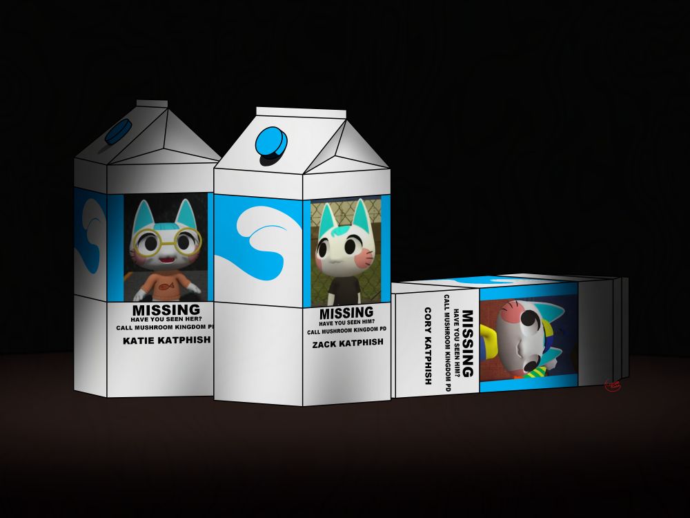 Three cartons of milk in a shadowy room, each showing a picture of Zack, Katie, and Cory reading MISSING underneath.