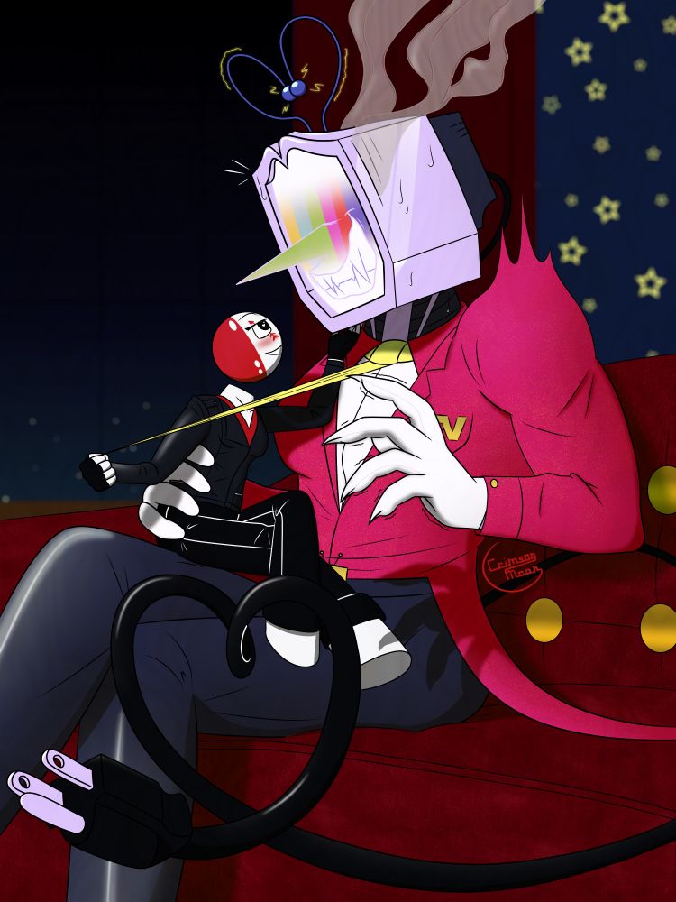 Tenna smiling flustered on a red, velvet couch, with Crimson sitting on his leg, smiling at him flirtatiously and pulling his tie. Tenna's cable tail and antennas are curved into heart shapes, and light gray smoke is seeping from his vents.