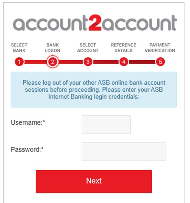 an online payment window with the heading "account 2 account" at the top. A text box explains that it wants you to log out of your other online banking sessions then provide your username and password to them.