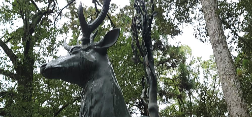 A photograph of the deer statue's head outside of Nara's primary shrine, Kasuga-taisha.