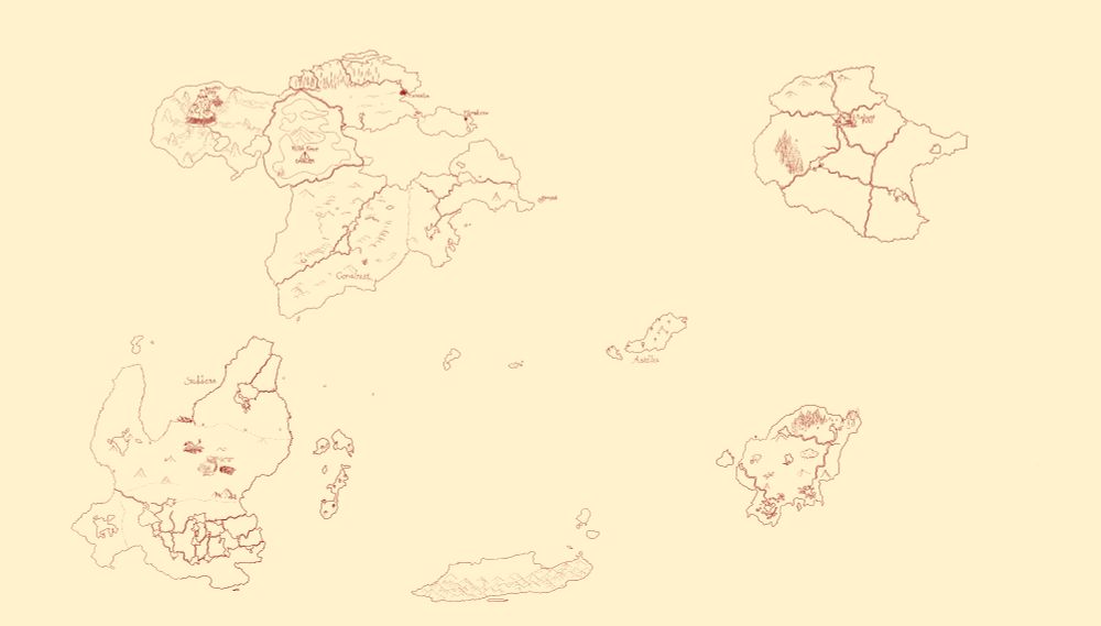 A simple, red-on-cream monochrome sketch of a world map, consisting of continents and large islands with minimal detail. The continents have major waterways and some mountain ranges drawn in, along with a few national borders and very simple landmarks. The map is otherwise very flat and lacks a sense of scale.