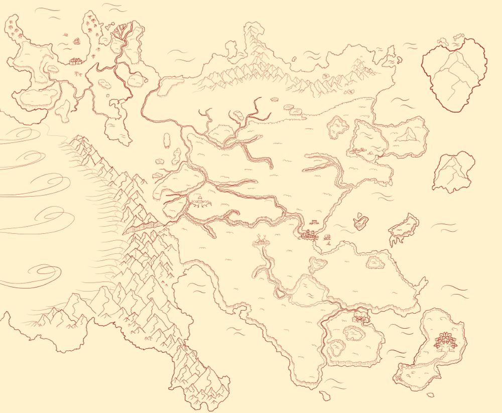 A monochrome drawing of an imaginary continent, part three of three. This is the east side. A mountain range blocks the desert to the west, guarding the huge, seemingly endless forest that covers the entire eastern side of the continent. Several small illustrations indicate that there are many settlements dotted in the deep woods. In the south-east corner, a forested island appears home to an enormous tree.