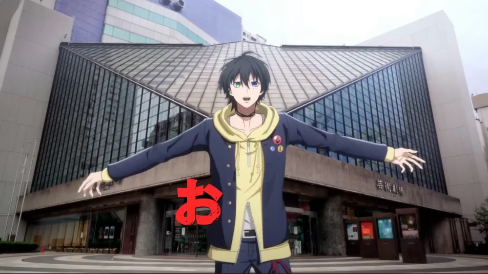 ヒプノシスマイク山田三郎が芸術劇場の前でラップをしている画像