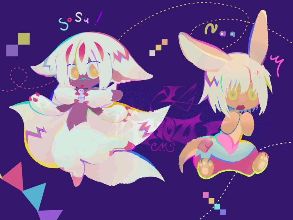 Faputaand nanachi from made in abyss, color in pink-purple tone and vibrant outline