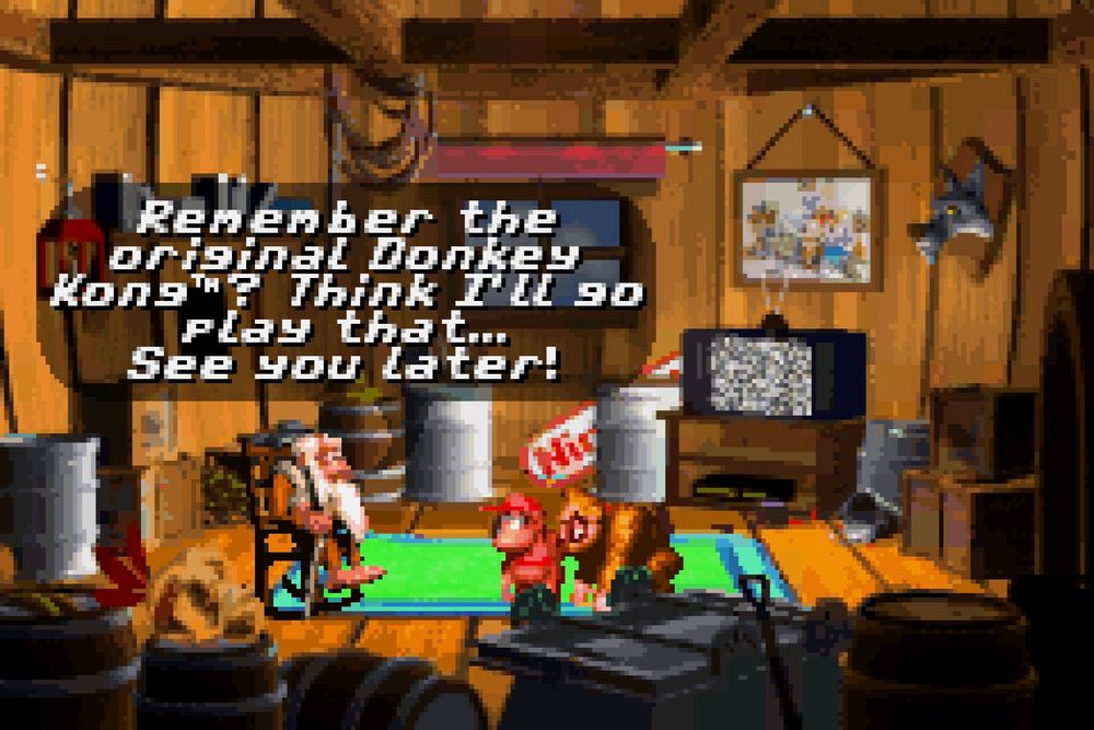 screenshot from the GBA port of Donkey Kong Country, Cranky Kong ranting: "Remember the original Donkey Kong™️? Think I'll go play that... See you later!"