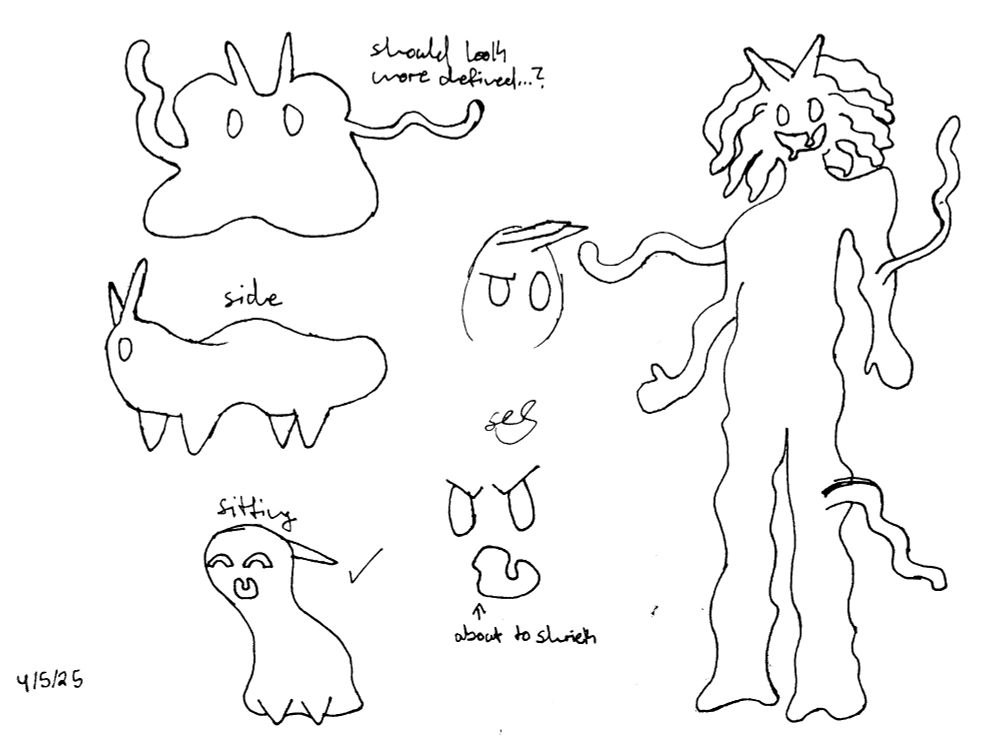 On the left, 3 sketches of a blobby creature with horn-like antennae and tentacles. Sometimes it has 4 stumpy legs. On the right, a humanoid version of the creature with goopy dreads and more tentacles. In the middle is two facial expressions: raising an eyebrow with its antennae painted forward, and an angry face labeled "about to shriek".