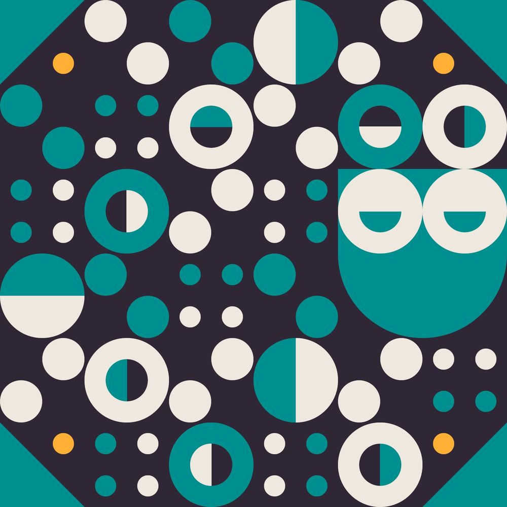 Abstract portrait of a bored woman with a zig-zaggy Afro puff braid surrounded by stars. The only colors are teal, black, white and a bit of yellow in the corners