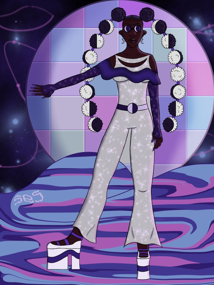 digital art of a tall black woman standing with her arm extended. she wears a sparkly, white, sleeveless jumpsuit with purple frills and matching disconnected sleeves that reach to her palms. her jumpsuit has a moon-themed belt, and she also wears crescent moon earrings and sunglasses with crescent-y lenses. she also has 5 inch platform flats with a purple wave pattern on the sides. her hair is two long afro ponytails that are dark purple with white hair patterned like the phases of the moon. she's on a bi flag colored landscape with a giant disco ball moon and stars in the sky