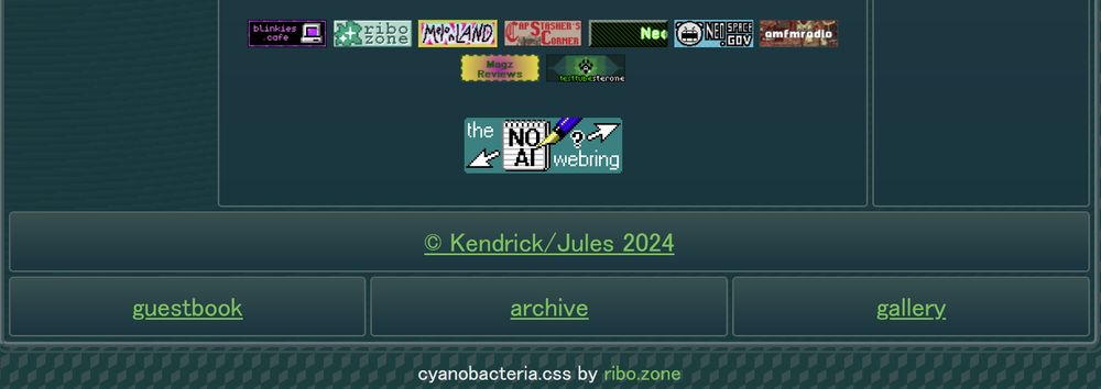 screenshot of the bottom of Sekh-net's about me. there are 9 buttons to other people's sites, a no AI webring, and 4 links at the bottom leading to the about me, the guestbook, the archive, the gallery, and the site of the person who made the template for Sekh-net's CSS (ribo.zone)