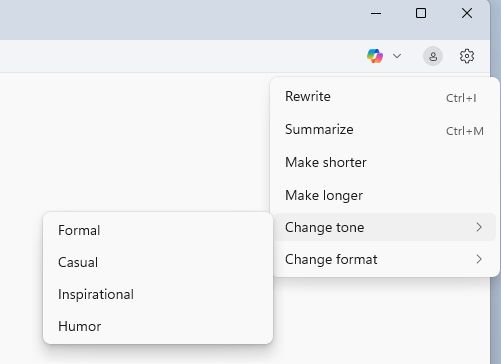 A Windows Notepad screenshot with the Copilot menu expanded, to show a series of absurd options: Rewrite Ctrl+I Summarize Ctrl+M Make shorter Make longer Change tone > Change format > Under 