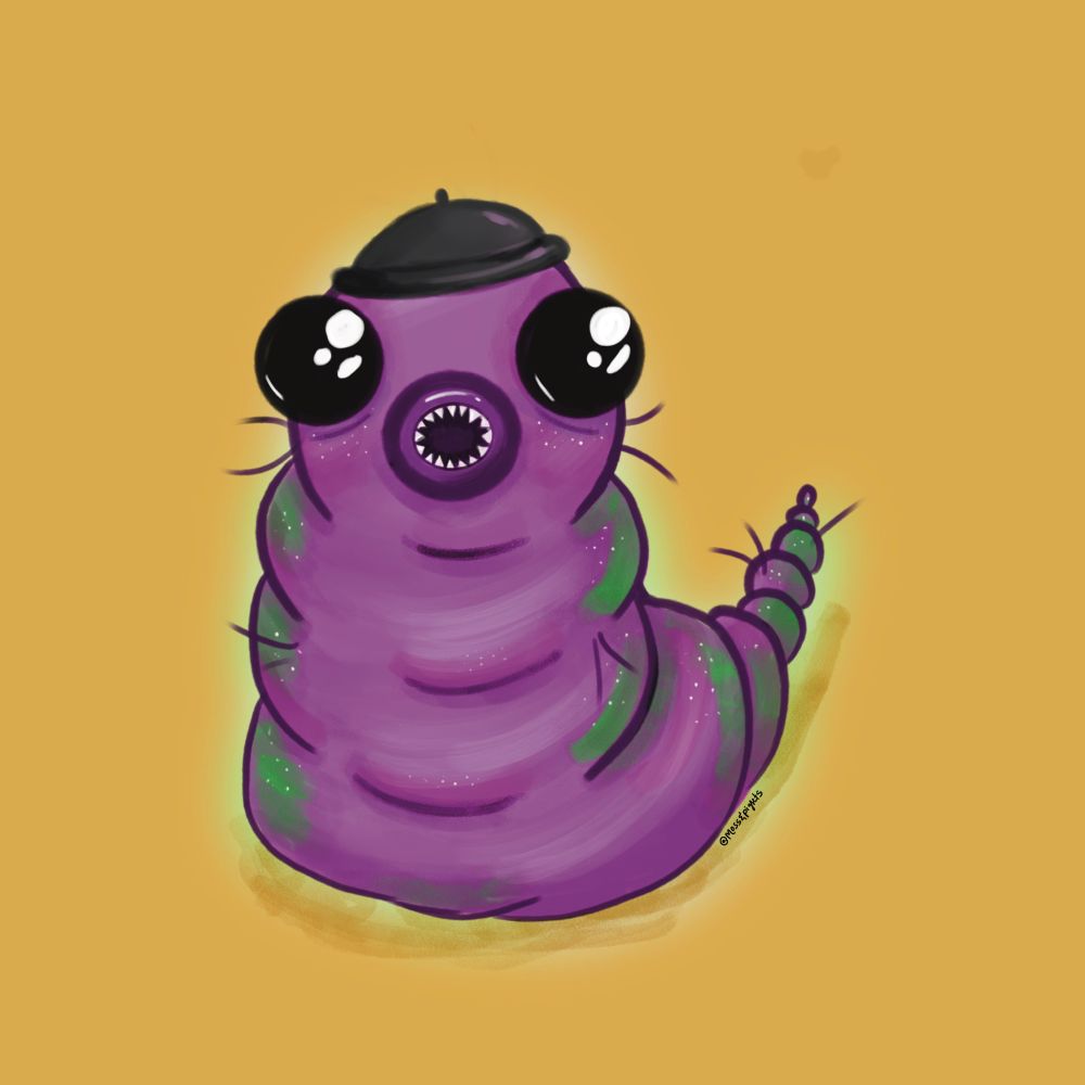 A cartoon drawing of a purple segmented worm with a small hat of the head. The worm has giant eyes and a round mouth.