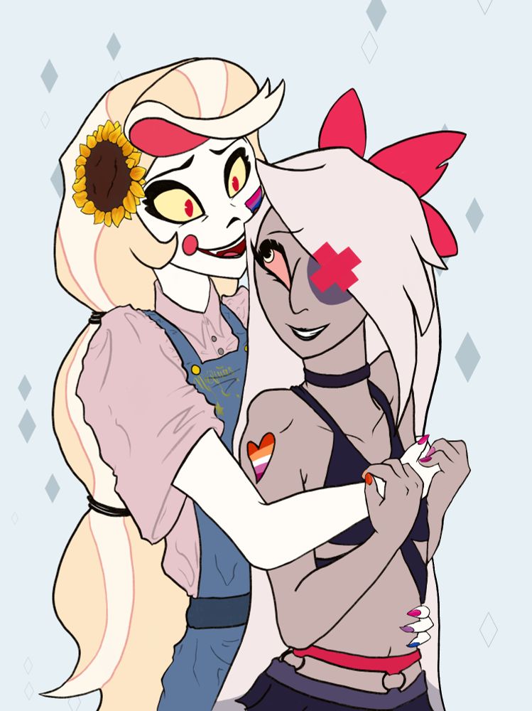 Charlie Morningstar is holding Vaggie from behind, the pair smiling at each other in front of a light colored background. Vaggie is in a swimsuit with the wlw flag on her shoulder. Charlie is wearing a sunflower in her hair and a romper, she also has the bisexual flag painted on her cheek. Both characters have their nails painted with their respective flag colors. 