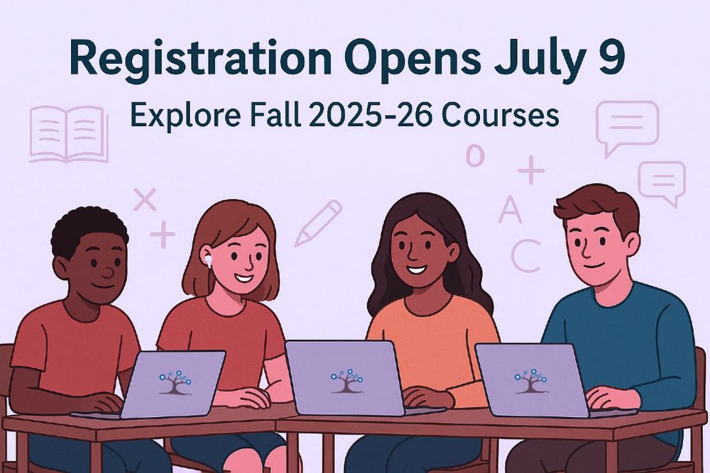Four students are sitting at a table with three laptops. Text above the students reads "Registration Opens July 9 - Explore Fall 2025-26 Courses"