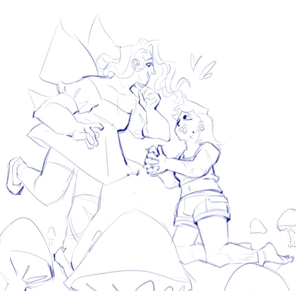 Two characters in a fairy ring. On the left is a plus sized fairy in a dress floating above a man on his knees on the right