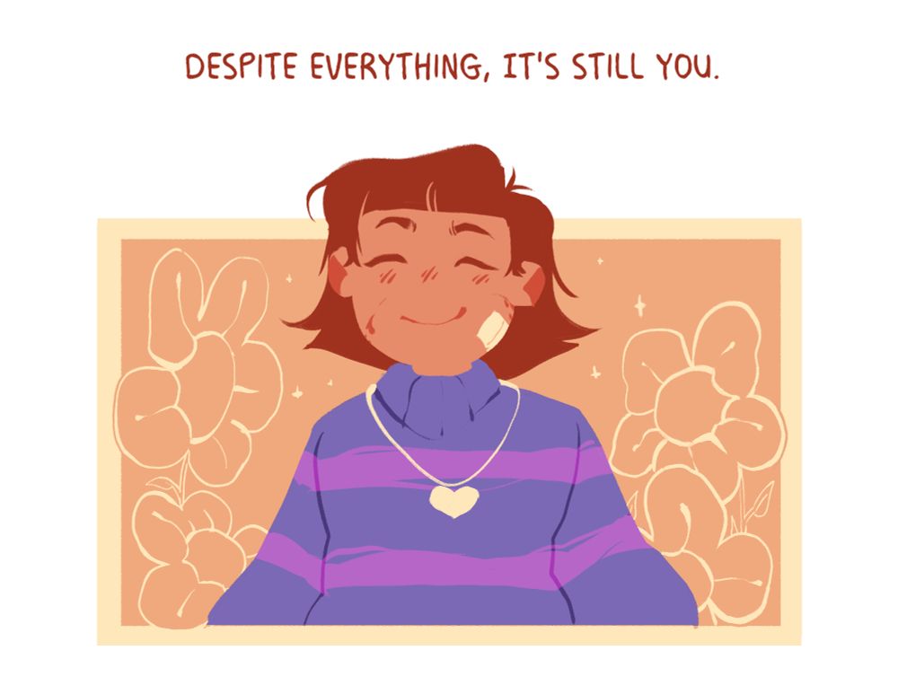 The character frisk from undertale smiling on an orange background with flowers