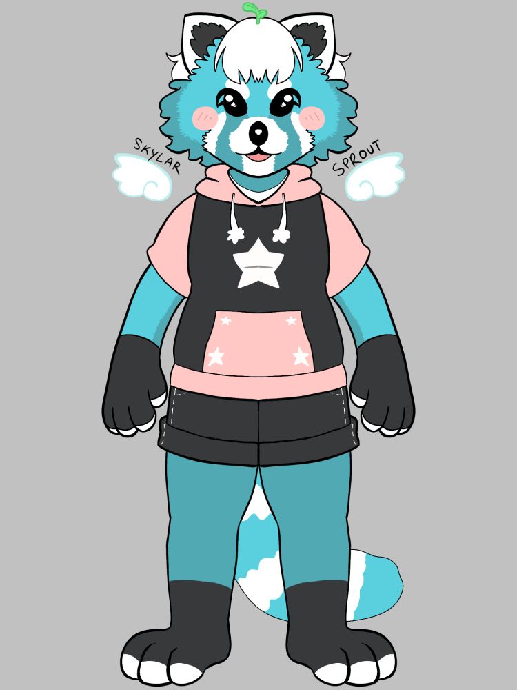 A drawing of a furry - a red panda humanoid that's colored blue/teal instead. They are standing, wearing a pink and black hoodie with white stars on it and black shorts. They have a sprout on top of their head, short white hair, and white angel wings in a cartoon style. 