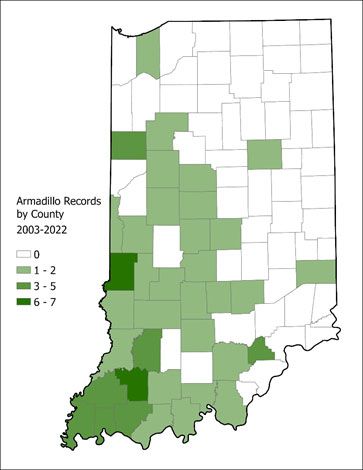 Map of Indiana showing known colonies of armadillos