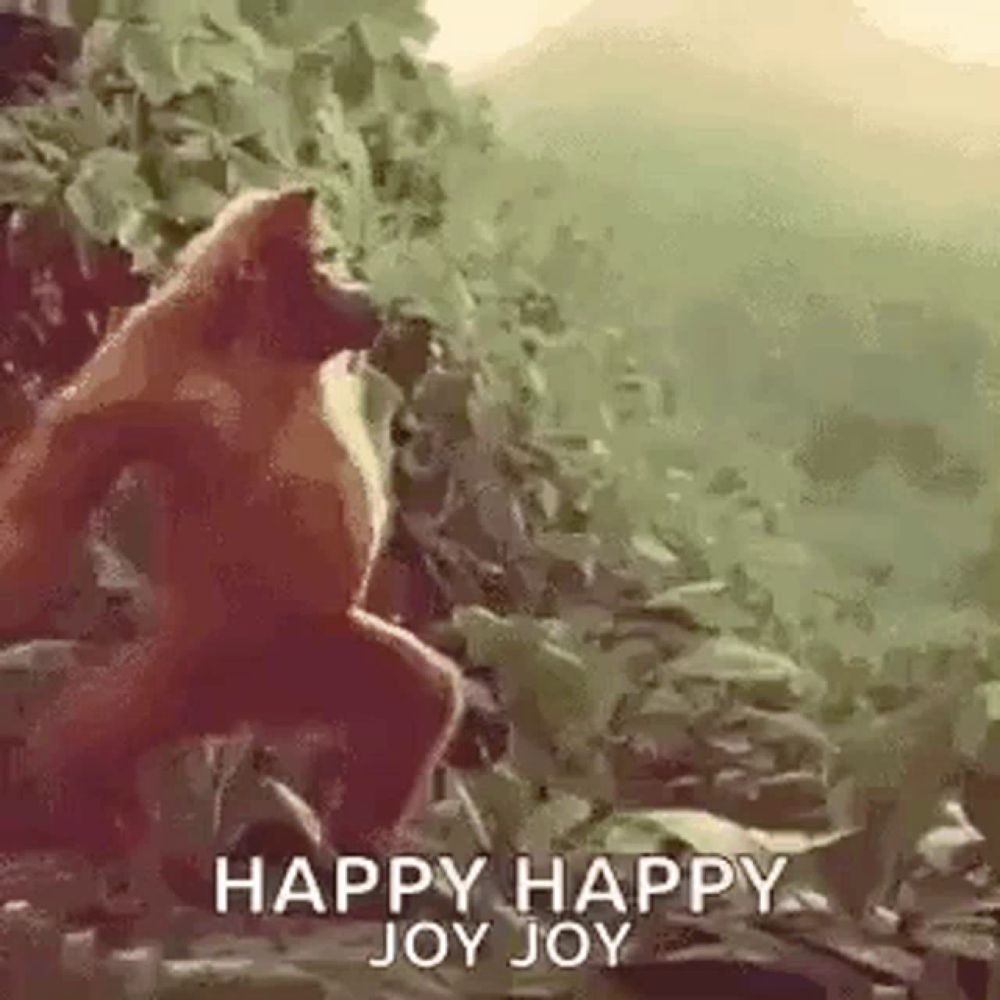 a monkey is jumping in the air with the words `` happy happy joy joy '' in the background .