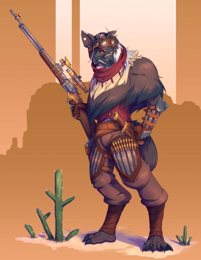 An anthro brown hyena standing tall with a steam-punk rifle on his hip and looking behind him.  He is in the middle of a south-western desert wearing armor and various accessories.  A pair of goggles rests on his forehead while a red dust-scarf wraps around his neck.  One of his eyes is bloodshot red, probably from staring at the sun through his rifle scope.  Or so he tells little kids who ask him why his eye is red.