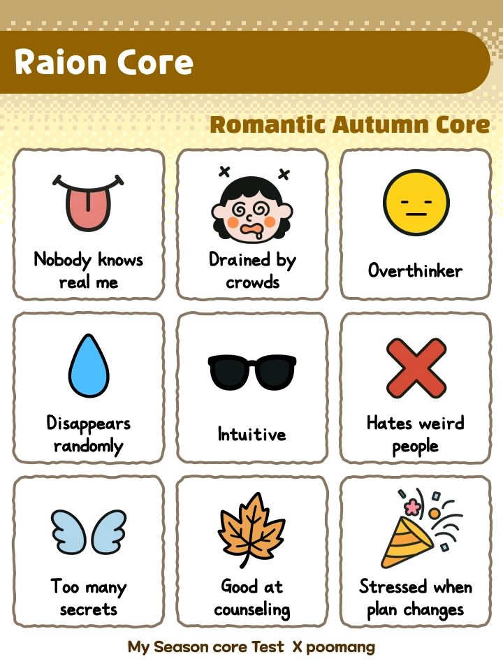 Teste de como é o meu core (ou estilo), que ficou como Outono Romântico, com 9 itens:
- ninguém me conhece de verdade
- drenado por multidões
- pensa demais em tudo
- desaparece aleatoriamente
- intuitivo
- odeia pessoas estranhas
- segredos demais
- bom de aconselhar
- estressa com mudança de planos