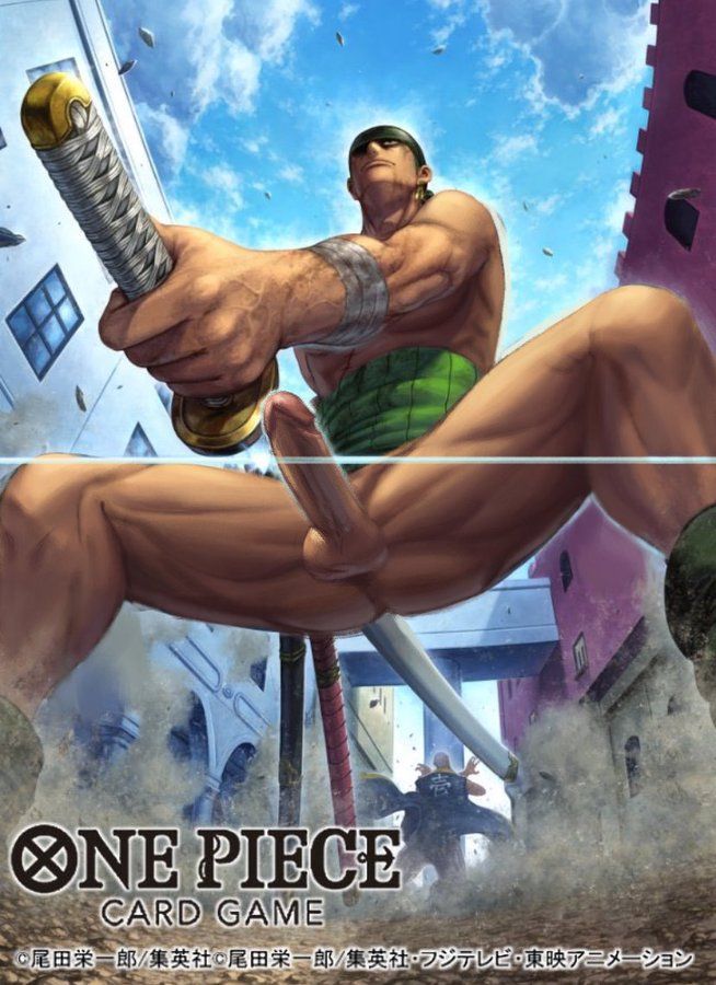 Poster do personagem Zoro de One Piece na luta contra Daz Bones. Ele está segurando sua espada, mas as roupas foram removidas para destacar a rola dura e latejante do espadachim num ângulo de baixo para cima
