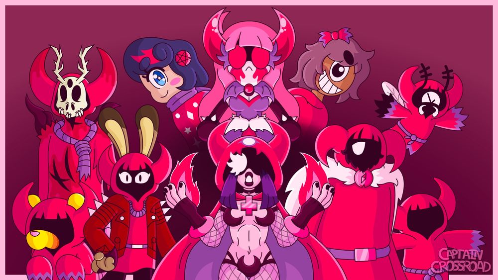 A group shot of many of the Cult of Choco's regulars, including the Imp Queen herself.
From left to right: Kraft, Null, Tofu, Gelox, Choco, Cult Leader Caroline, Goose, the Stranger, Eenomort, and Cultist #24