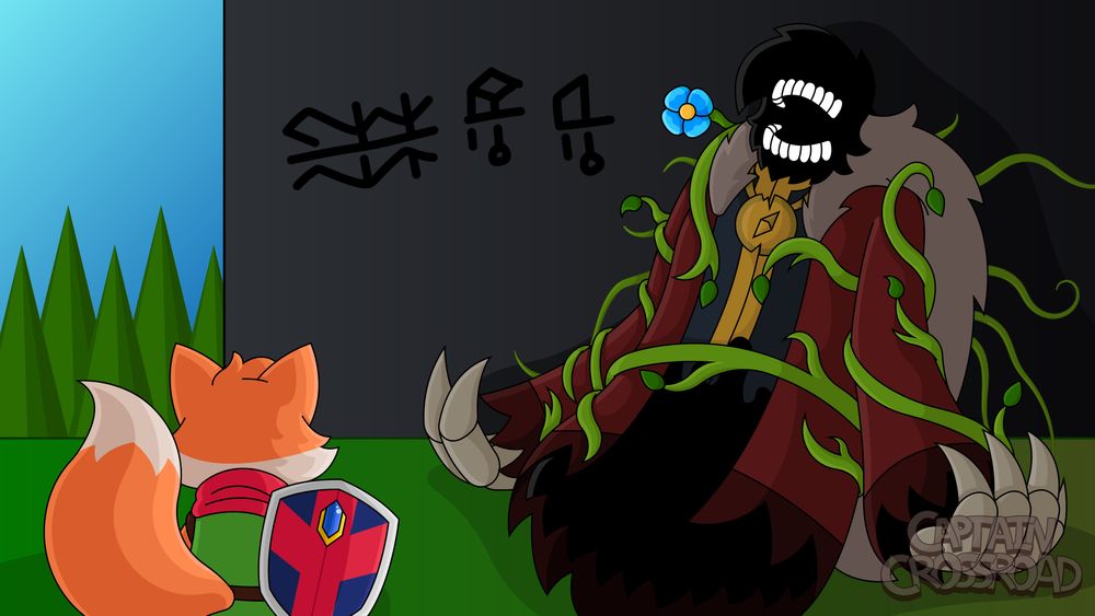 Art depicting the protagonist of the game TUNIC coming across the long-dead body of my avatar, the Stranger.

The text on the wall translates to "nothing at all."