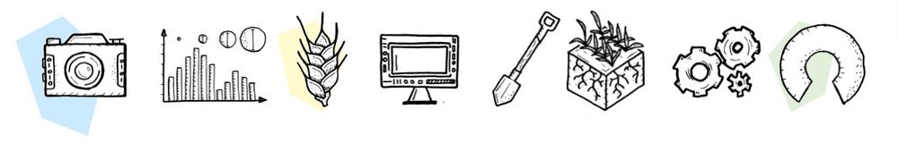 Illustration featuring a series of icons representing different concepts: a camera, a bar graph with mathematical symbols, a wheat stalk, a computer monitor, a shovel, a plant growing in a field, interlocking gears, and an Open Science symbol