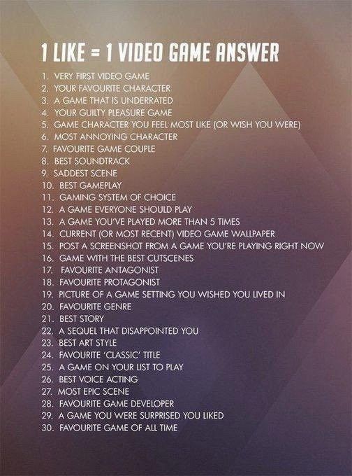 1 like = 1 réponse jeu vidéo

1. tout premier jeu vidéo
2. votre personnage préféré
3. un jeu sous-estimé
4. votre jeu du plaisir coupable
5. personnages de jeu auxquels vous ressemblez le plus (ou auriez aimé être)
6. personnages le plus relou
7. couple de jeux préféré
8. meilleure bande sonore
9. scène la plus triste
10. meilleur gameplay
11. système de jeu à choix multiples
12. un jeu auquel tout le monde devrait jouer
13. un jeu auquel tu as joué plus de cinq fois
14. Ton fond d'écran de jeux vidéo actuel (ou le plus récent)
15. poste une capture d'écran d'un jeu auquel tu joues en ce moment
16. jeu avec les meilleures cinématiques
17. antagoniste préféré·e
18. protagoniste préféré·e
19. photos d'un décor de jeu dans lequel vous auriez aimé vivre
20. genres préférés
21. meilleure histoire
22. une suite qui vous a déçu
23. meilleurs styles artistiques
24. titres "classiques" préférés
25. un jeu sur votre liste à jouer
26. meilleurs doublages
27. scène la plus épique
28. développeurs de jeux préférés
29. un jeu qui t'a agréablement 
30. jeux préférés de tous les temps

L'image est juste un fond coloré qui tire entre l'orange en haut et le violet qui tire vers le noir vers le bas. Il y a aussi des quadrilatères sur cette image pour lui donner un style.