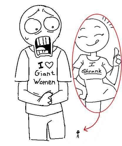 Giant woman fan shocked at tiny lady.