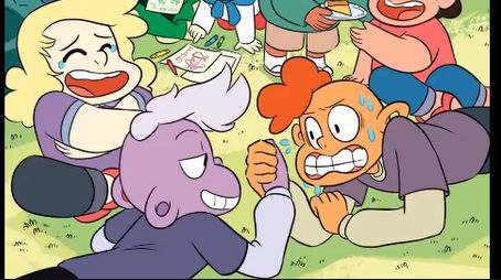 Lars and amethyst transformed into Lars are arm wrestling and it's clear that Lars is struggling
Sadie is laughing at Lars