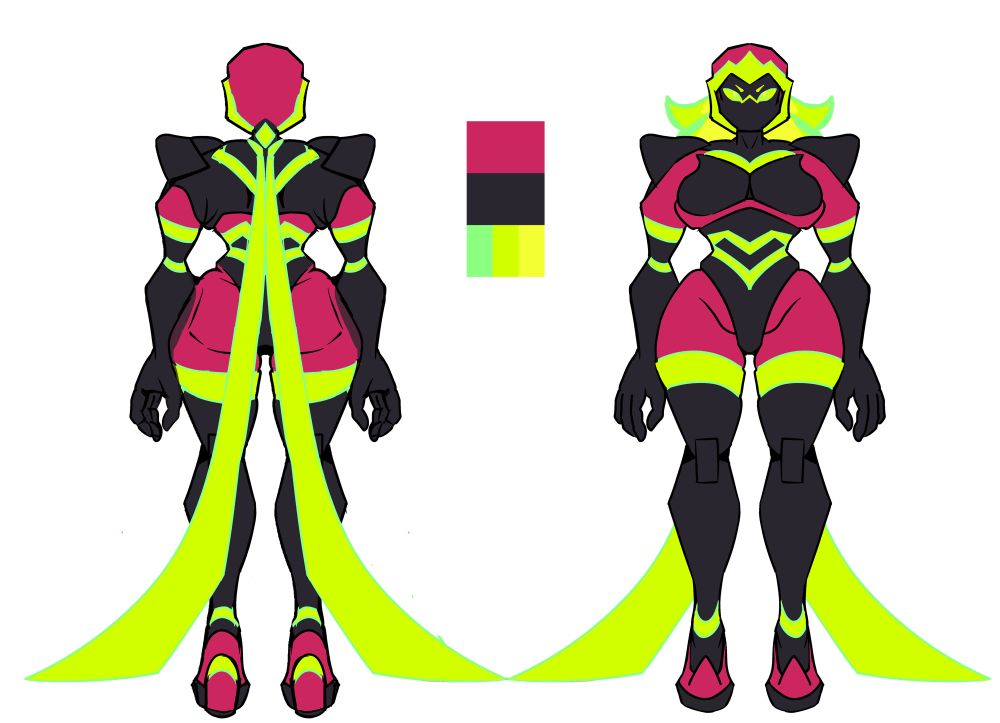 Second Reference Sheet. Features no shoulder pads or gloves, and solos out the trails coming from her neck/back.