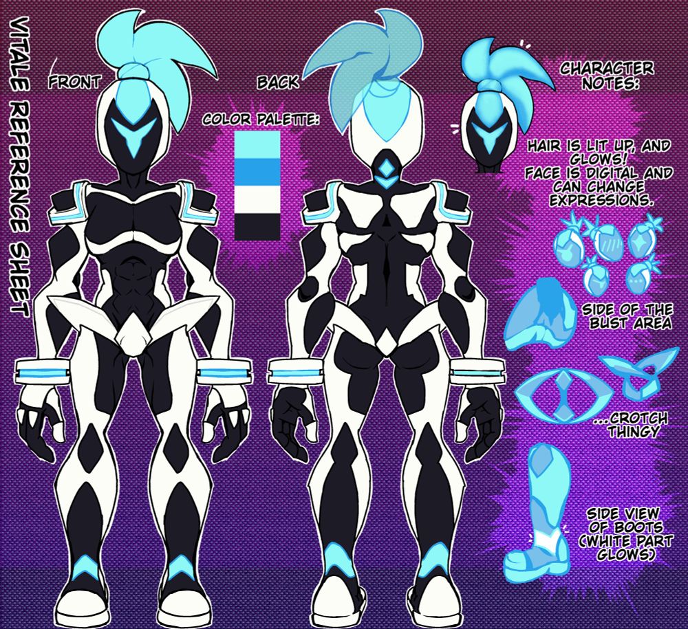 A reference sheet for the character Vitale. A robot piloted from afar, with the typical “too cool and edgy” personality. 