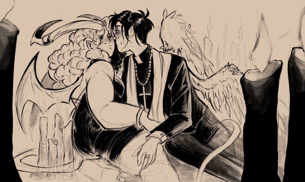 A sketch of demon and a grounded angel intimately close to each other with candles surrounding them