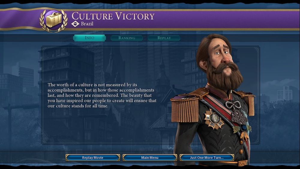 A Screenshot from the game Civilization 6, depicting and end goal state of "Culture Victory" for the nation of Brazil.