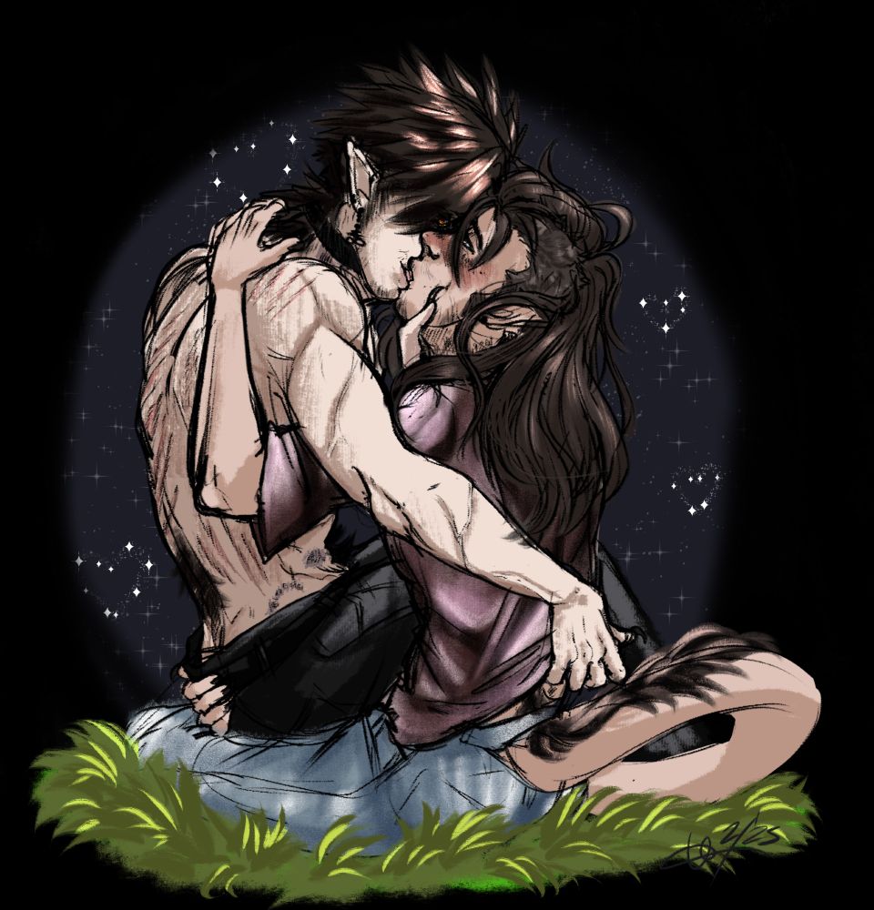 An alternative-style shirtless dude sitting in a hippie-esque dude's lap. they're making out.